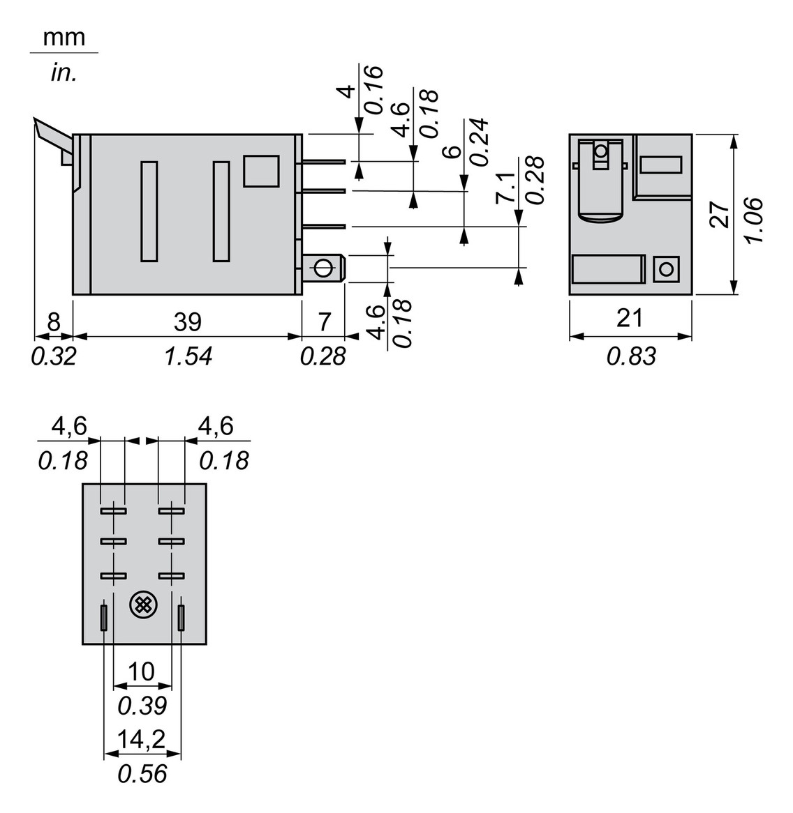 Schaltrelais 2W IP20 14x27x43mm Steckanschl
