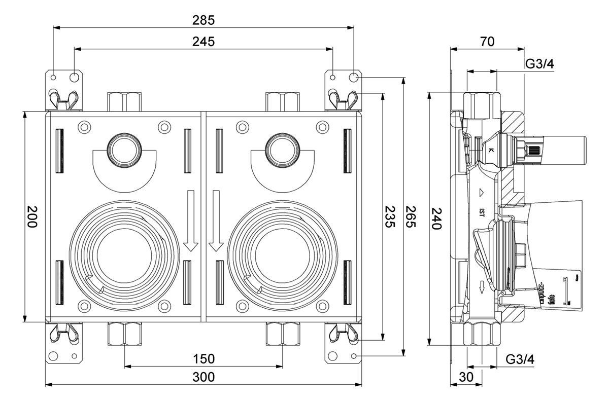 Deltamess Miniblock-Duo KOAX 2 Rotguss, G 3/4 IG, Objektblock 2
