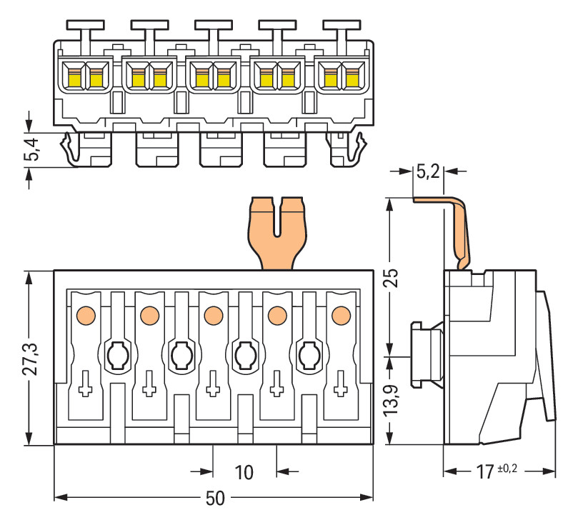 Klemmleiste 5p ws Serie 294 24A Thermopl 0,5-2,5qmm 50mm Federzugans Steckklemm