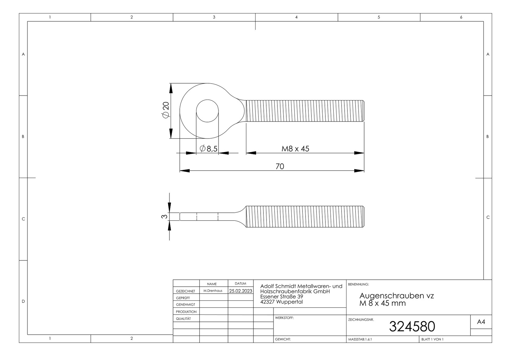 ASW Augenschraube M 8 x 45 mm, Stahl verzinkt, mit metrischem Gewinde