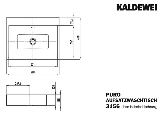 Kaldewei Aufsatz-Waschtisch PURO 3156, 46 x 46 cm, warm grey 60 Perl-Effekt, mit Überlauf, ohne Hahnloch