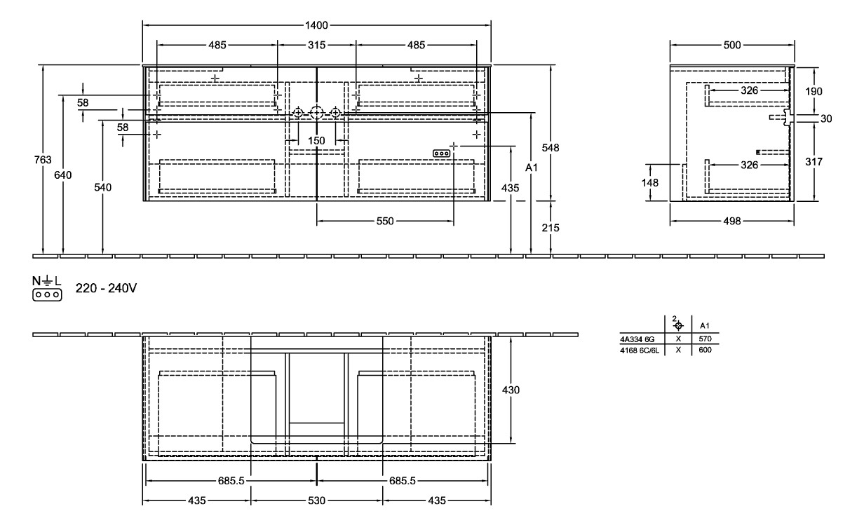 V&B Waschtischunterschrank Collaro 140x54,8x50cm, Waschtisch mittig, LED-Beleuchtung 10,4 W, white wood