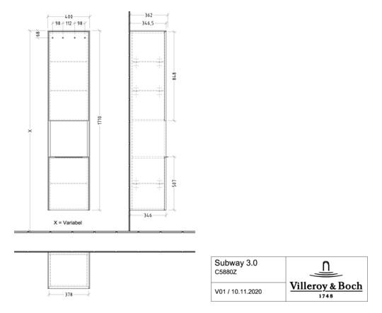 V&B Hochschrank Subway 3.0 40x171x36,2cm, Schanier links/Griff Volcano black, graphite