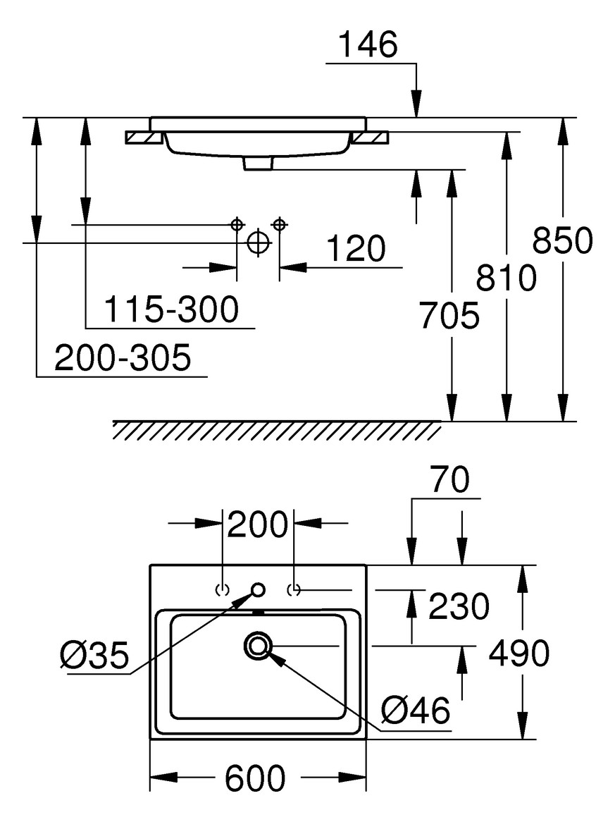 GROHE Einbauwaschtisch Cube Keramik 60x49cm, mit Überlauf, Rückseite glasiert, alpinweiß