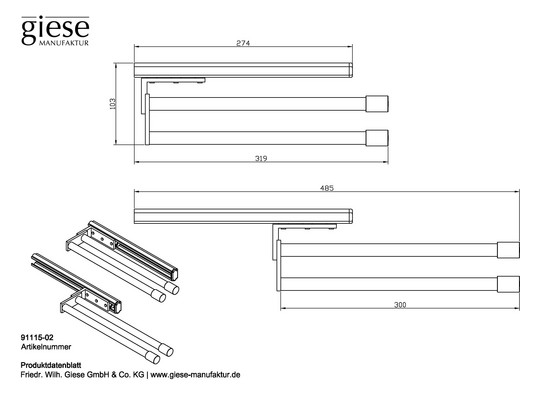 Giese Handtuchhalter doppelt, 300mm, ausziehbar bis 485mm, rund, verchromt