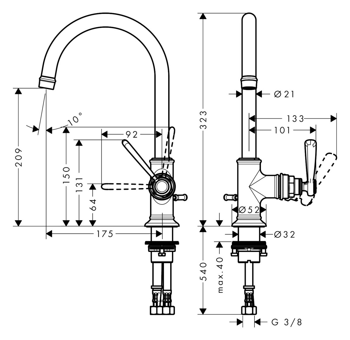 hansgrohe Waschtisch-Einhebelmischer 210 Axor Montreux Ausladung 175mm, mit Zugstangen-Ablaufgarnitur, brushed black chrome