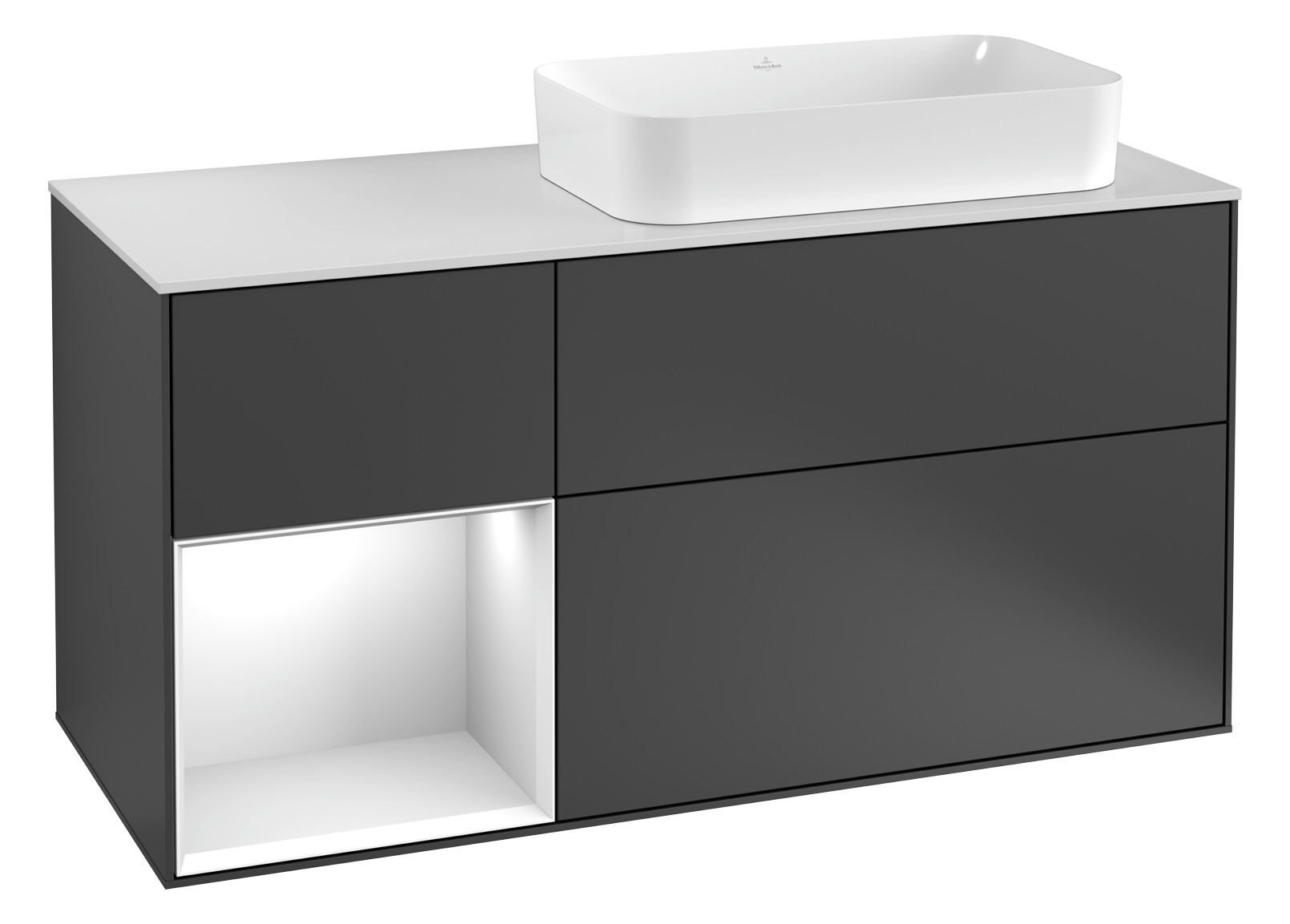 V&B Waschtisch-Unterschrank Finion 120x60,3x50,1cm, Regal links Glossy white lacquer, Glossy white lacquer