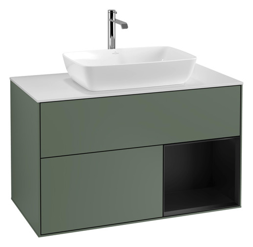 V&B Waschtisch-Unterschrank Wandbeleuchtung Finion 100cm, Abdeckplatte white matt, Regal Black matt lacquer, Olive Matt Lacquer