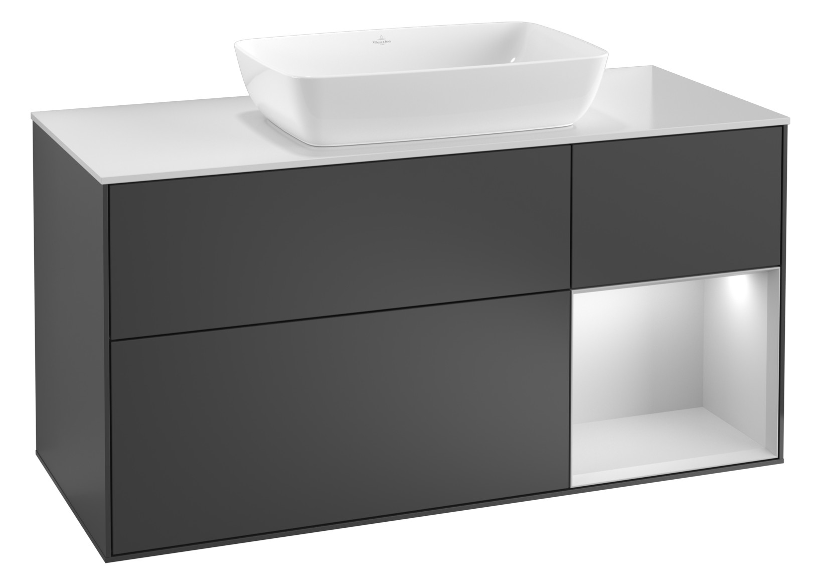 V&B Waschtisch-Unterschrank Wandbeleuchtung Finion 120cm, Abdeckplatte black matt, Regal Black matt lacquer, Glossy white lacquer