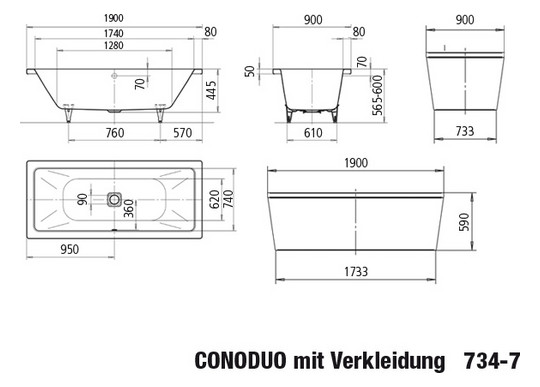 Kaldewei Badewanne CONODUO 734-7 190x90cm, mit Schürze, Standard, weiß