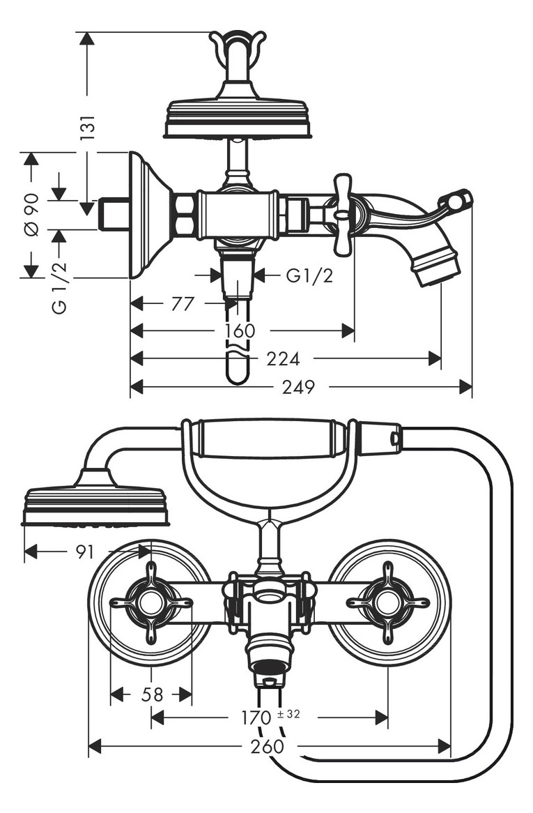 hansgrohe 2-Griff-Wannen-Armatur Axor Montreux AP, Ausladung 224mm, mit Kreuzgriffen, polished gold optic