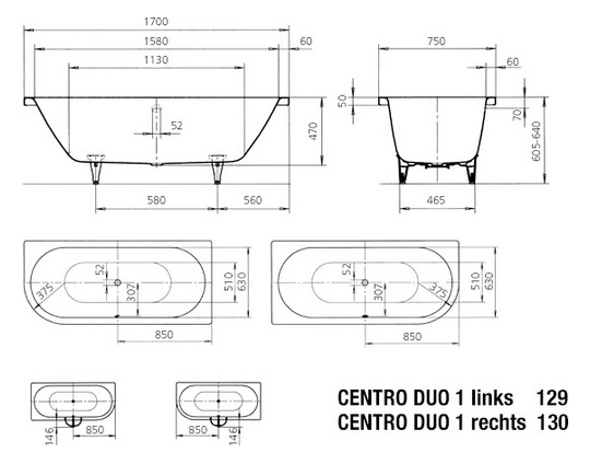 Kaldewei Badewanne CENTRO DUO 1 links 129 170x75cm, Griffloch, Perl-Effekt, Vollantislip, schwarz