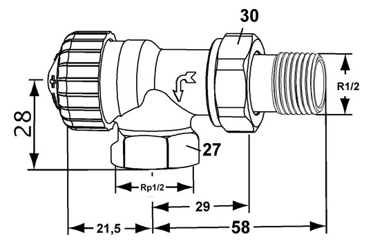 Heimeier Thermostat-Ventilunterteil V-exact II Rp 1/2 x R 1/2, Axial, stufenlose Voreinstellung, Rotguss vernickelt