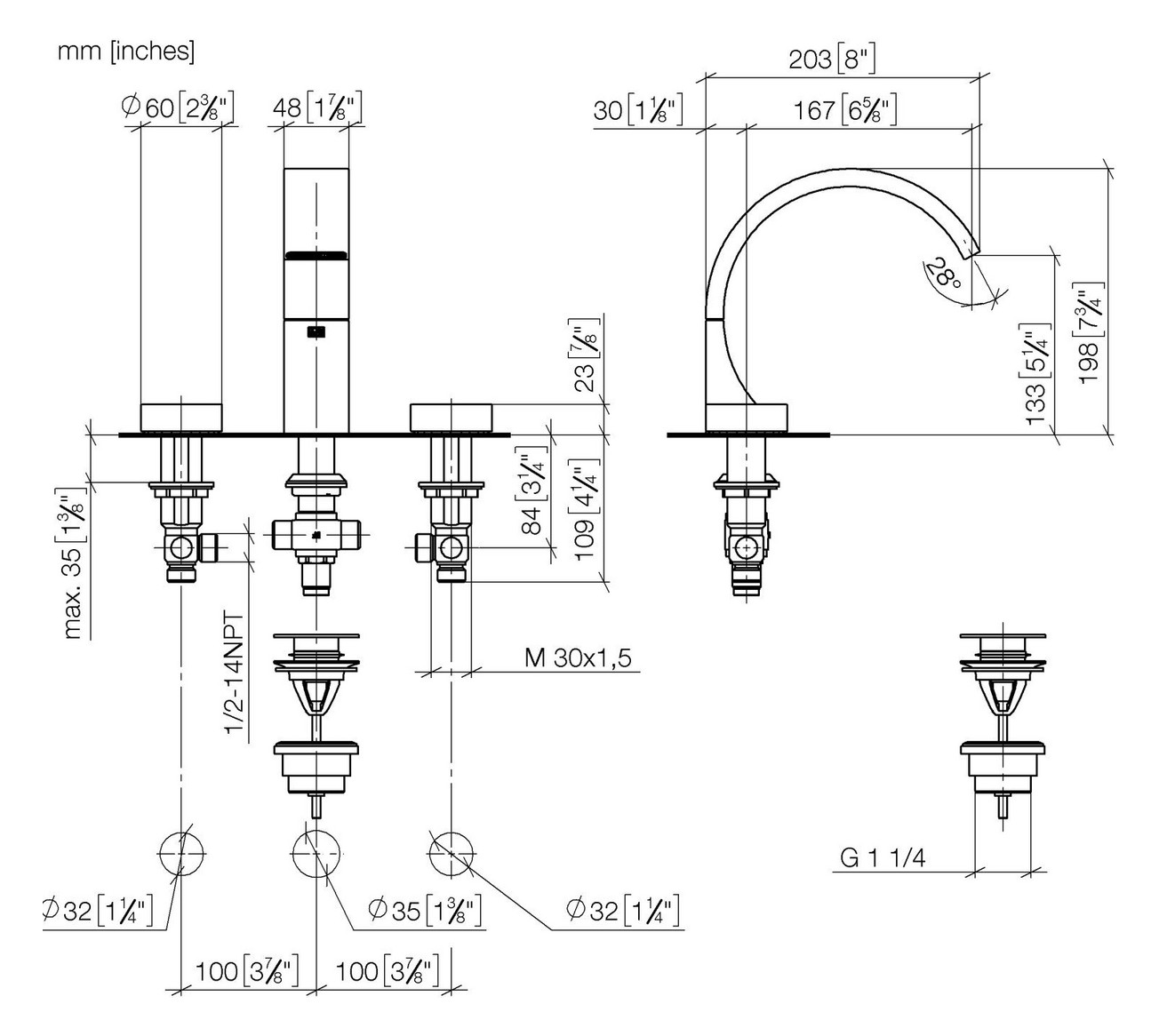 Dornbracht Dreiloch-Armatur CYO für Waschtisch, Ausladung 167mm, mit Ablaufgarnitur, Messing gebürstet