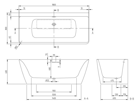 V&B Vorwand-Badewanne Subway 3.0 180x80cm, rechts, mit SilentFlow, Colour on Demand, weiß