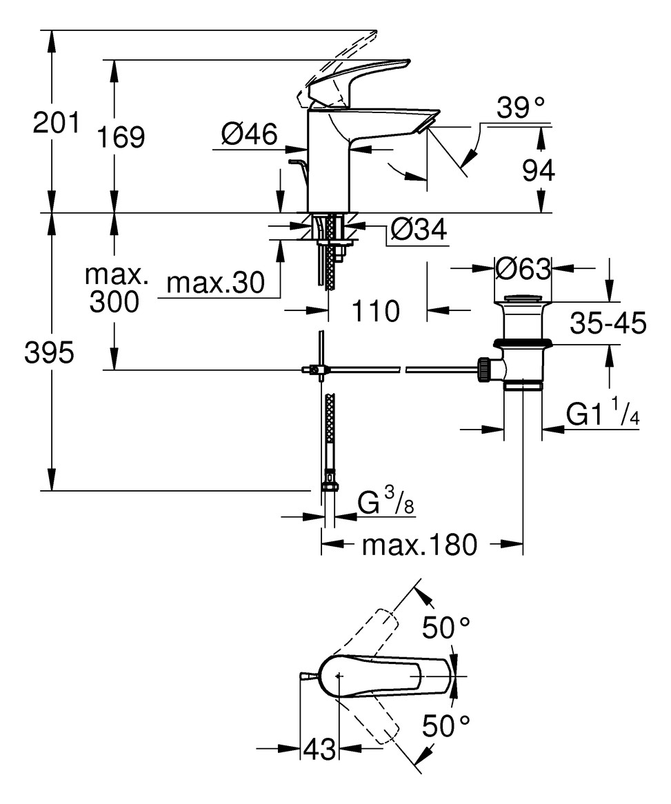 GROHE Waschtisch-Einhebelmischer Eurosmart 1/2", S-Size, mit Zugstangen-Ablaufgarnitur, chrom