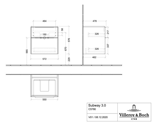 V&B Waschtisch-Unterschrank Subway 3.0 57,2x57,6x47,8cm, ohne LED/Griff Volcano black, pure white