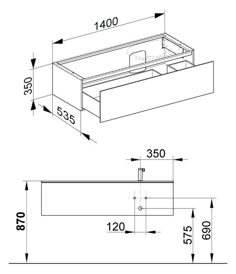 KEUCO Waschtischunterschrank Edition 11 Planning 140x35x53,5cm, 1 Frontauszug, rechts, Innenbeleuchtung, Lack Seidenmatt, Glas Trüffel klar