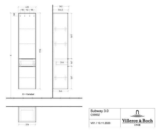 V&B Hochschrank Subway 3.0 40x171x36,2cm, Schanier links/Griff Aluminium glänzend, taupe