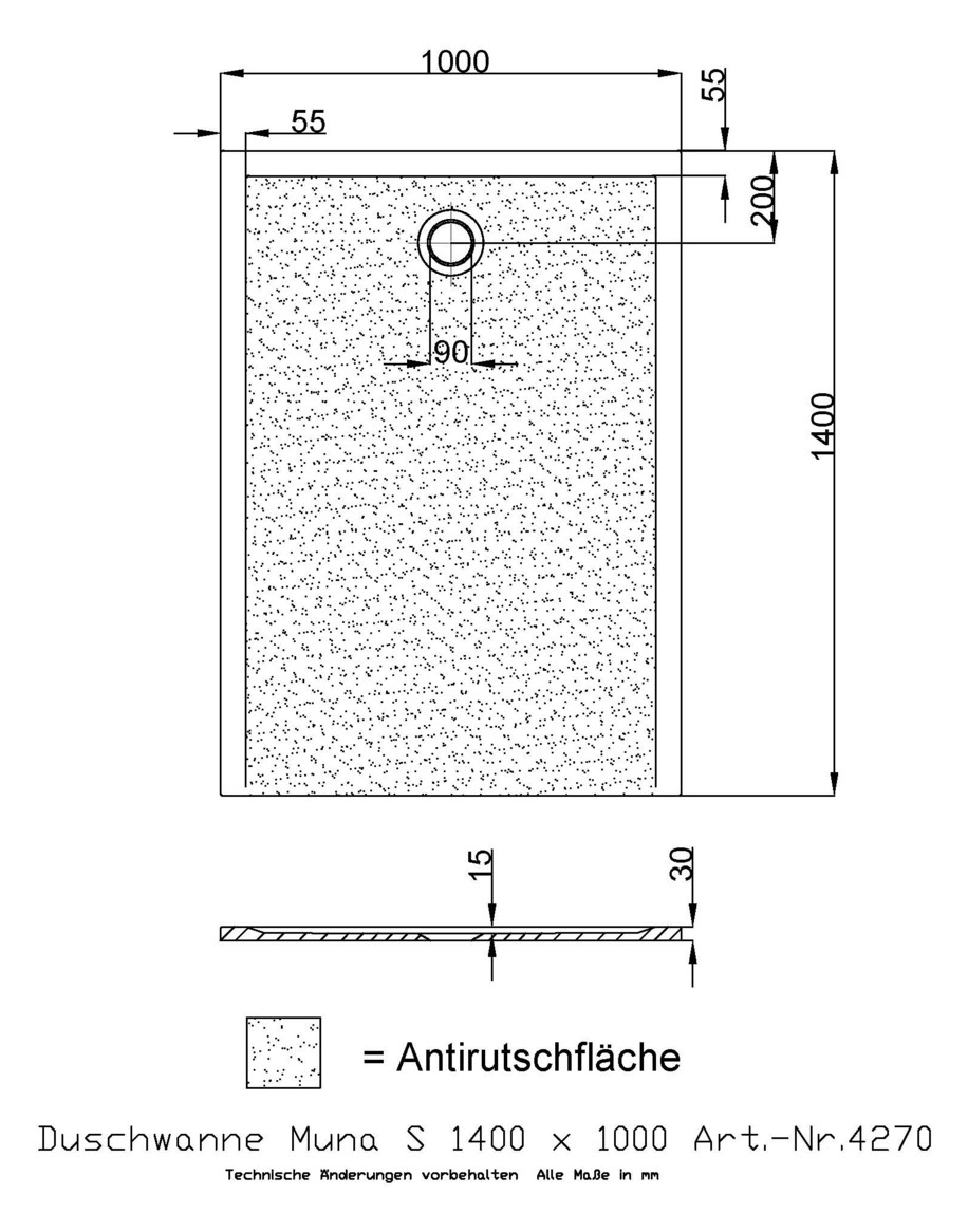 Hoesch Mineralguss-Duschwanne Muna S 140 x 100 x 3 cm, weiß, Antirutsch