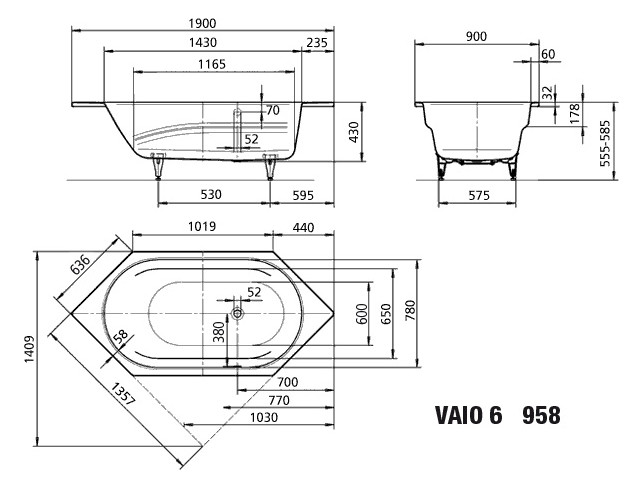 Kaldewei Badewanne VAIO 6 958 190x90cm, Sonderüberlauf Perl-Effekt, bahamabeige