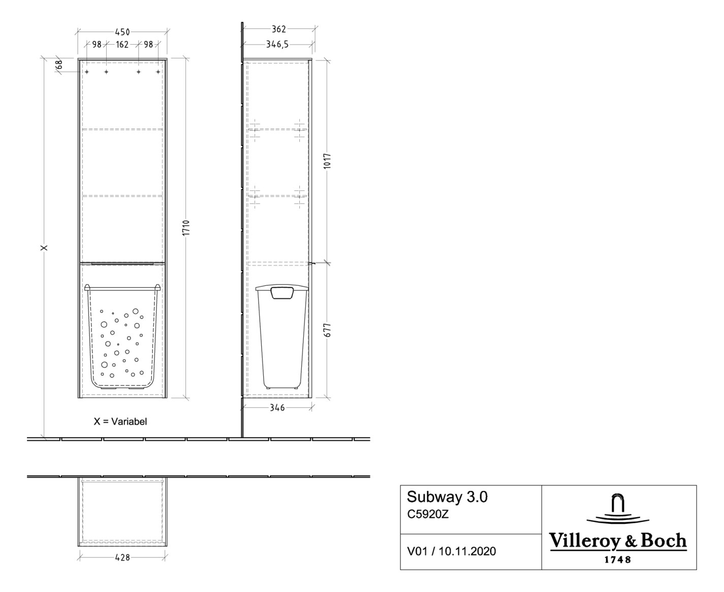 V&B Hochschrank Subway 3.0 40x171x36,2cm, Schanier links/Griff Aluminium glänzend, graphite
