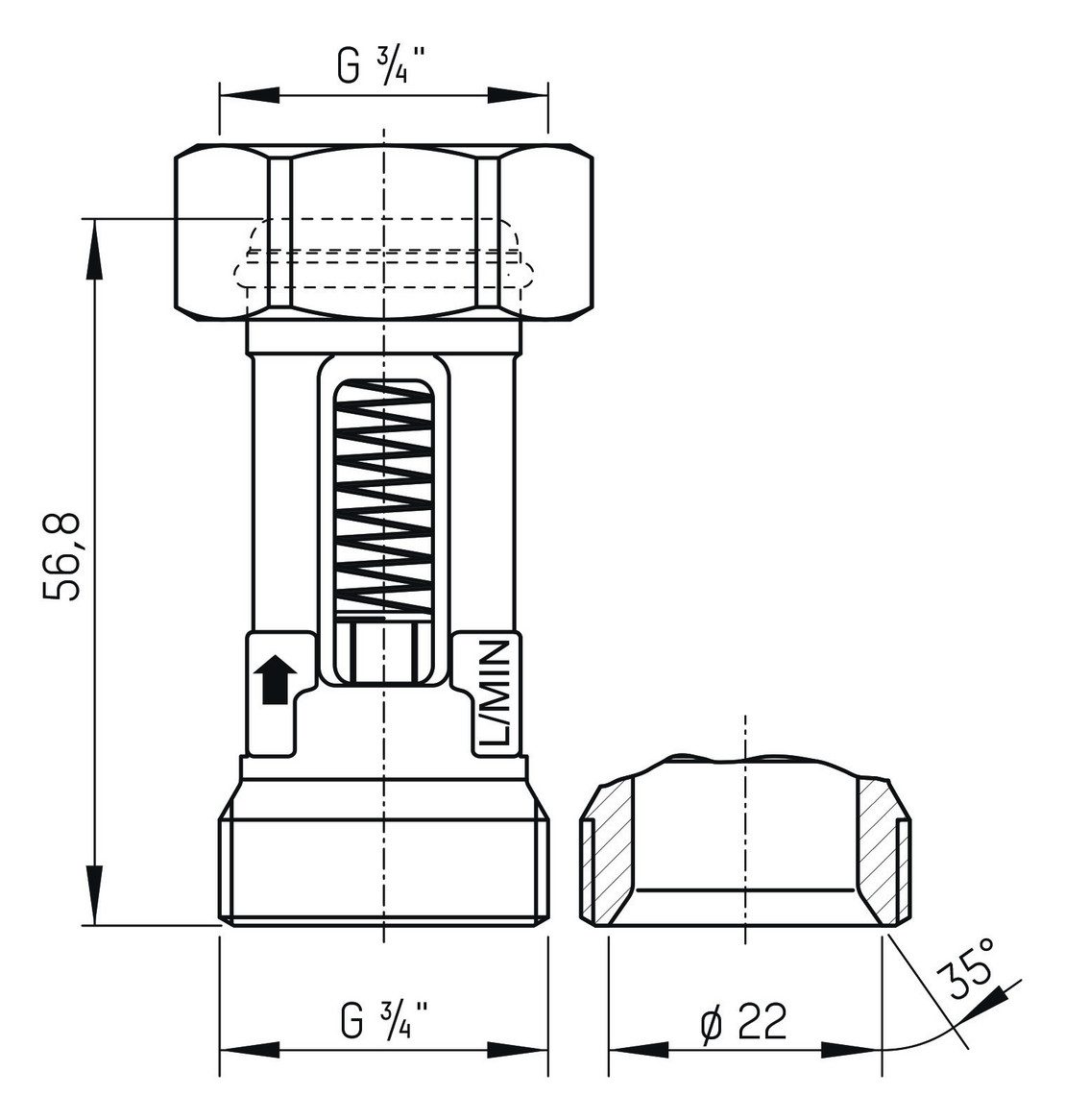 TACONOVA Durchflussmesser FLOMETER 0,6-2,4 I/min., G 3/4xR 3/4, Messing