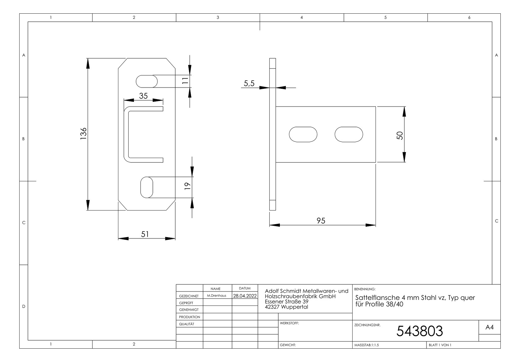ASW Sattelflansch Stahl verzinkt, 4mm, für Profil 38/40, quer