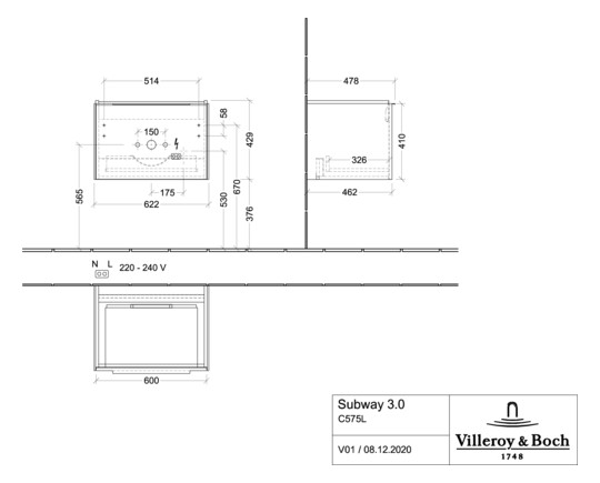 V&B Waschtisch-Unterschrank Subway 3.0 62,2x42,9x47,8cm, mit LED/Griff Aluminium glänzend, arizona oak