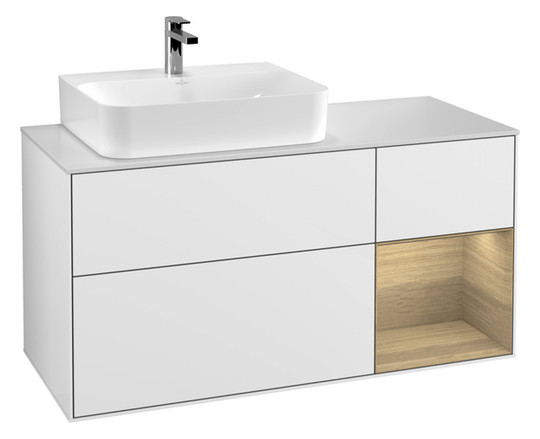 V&B Waschtisch-Unterschrank Finion 120cm, Abdeckplatte white matt, Regal rechts Oak Veneer, Glossy white lacquer