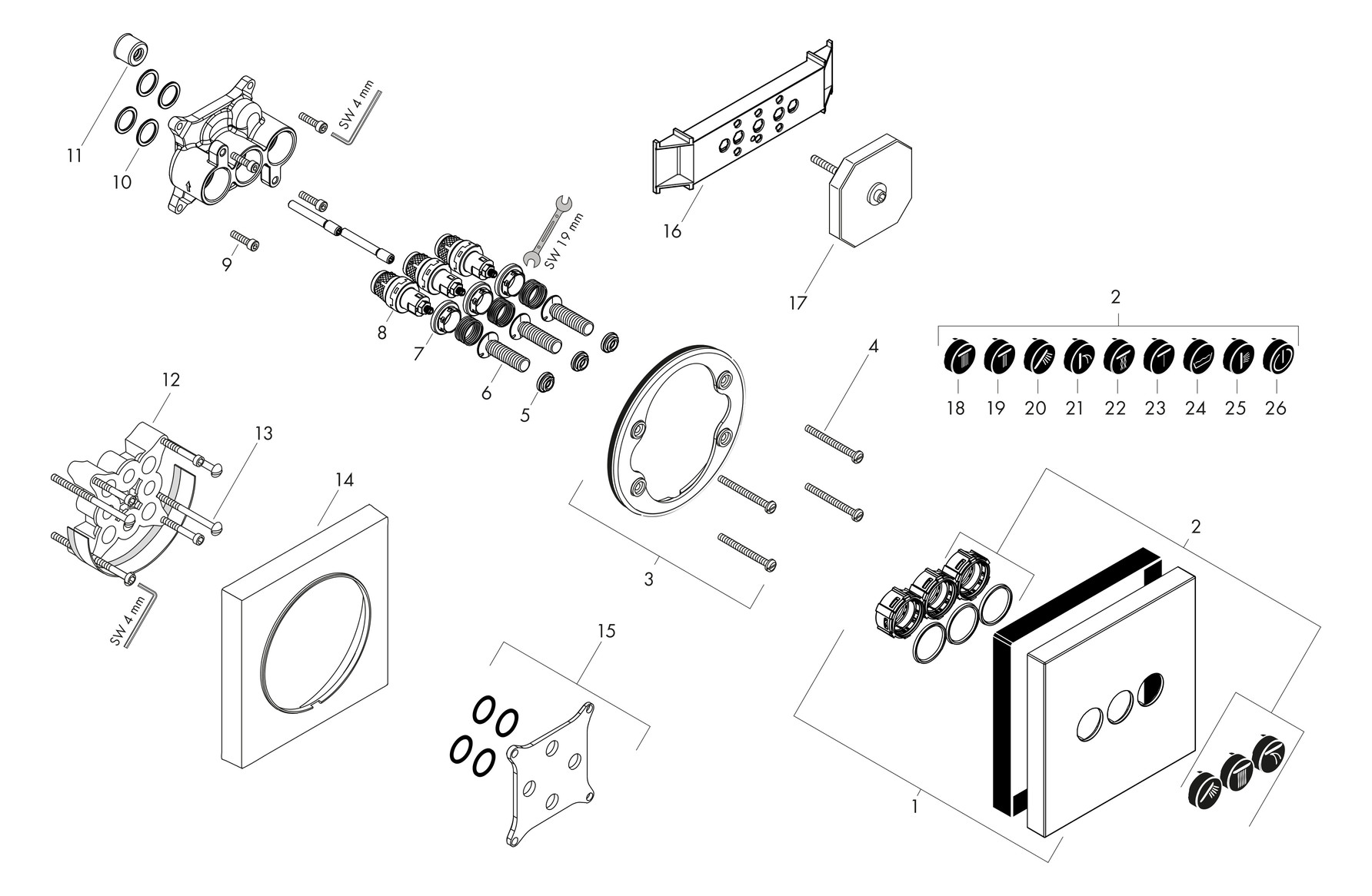 hansgrohe Fertigmontageset ShowerSelect UP-Ventil, 3 Verbraucher, eckig, chrom