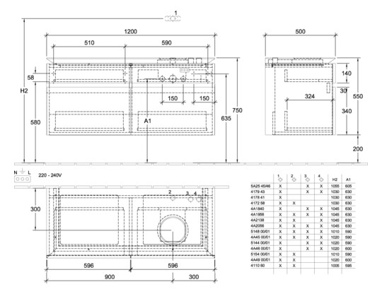 V&B Waschtischunterschrank Legato 120x55x50cm, Waschtisch rechts, mit LED-Beleuchtung, Glossy White
