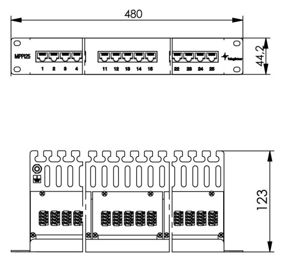 Patchpanel 25Ports 1HE Cat3 RAL7035 19Zoll-Einbau