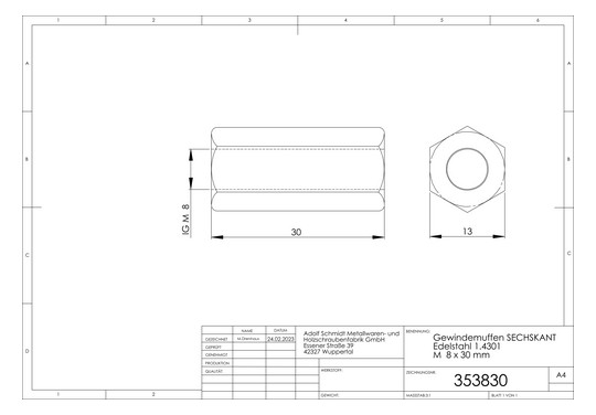 ASW Sechskant-Gewindemuffe M 8 x 30 mm, Edelstahl 1.4301