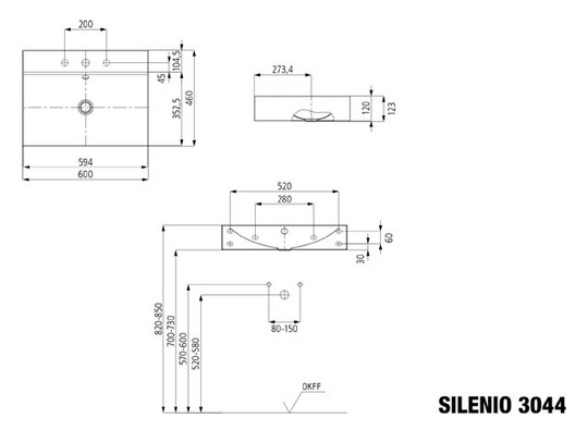 Kaldewei Wand-Waschtisch SILENIO ohne Überlauf, 3 Hahnlöcher, 3044, 60 x 46 x 12 cm, warm grey 60 Perl-Effekt