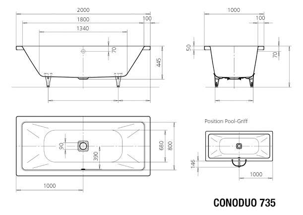 Kaldewei Badewanne CONODUO 735 200x100cm, Griffloch, Perl-Effekt, schwarz