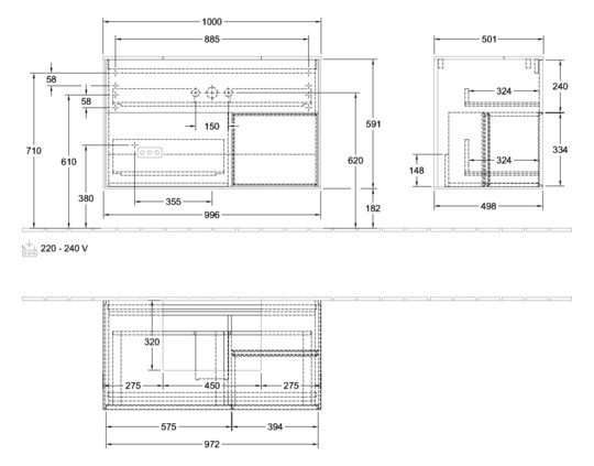 V&B Waschtisch-Unterschrank Wandbeleuchtung Finion 100cm, Abdeckplatte black matt, Regal rechts Midnight Blue Matt Lacquer, Oak Veneer