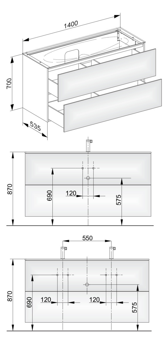 KEUCO Waschtischunterschrank Edition 11 140x70x53,5cm, 2 Frontauszüge, Innenbeleuchtung, Lack Hochglanz Weiß