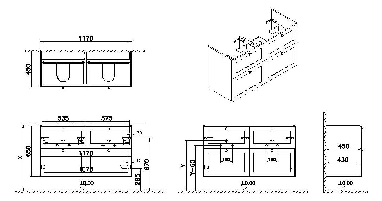 VitrA Bad Waschtisch-Unterschrank Root Classic 117x45x65cm, 4 Vollauszüge, Korpus Fjordgrün Matt
