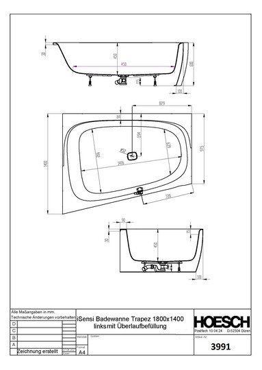 Hoesch Badewanne iSENSI Trapez 180x140cm, links, Über- und Ablauf, weiß, weiß