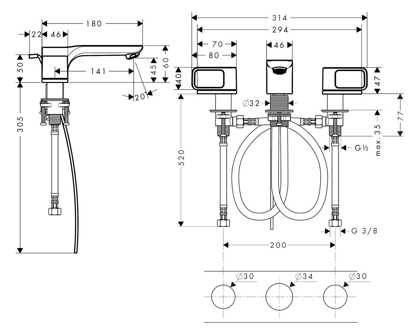 hansgrohe 3-Loch-Waschtischarmatur 50 Axor Urquiola Ausladung 180mm, mit Zugstangen-Ablaufgarnitur, Rosetten, chrom