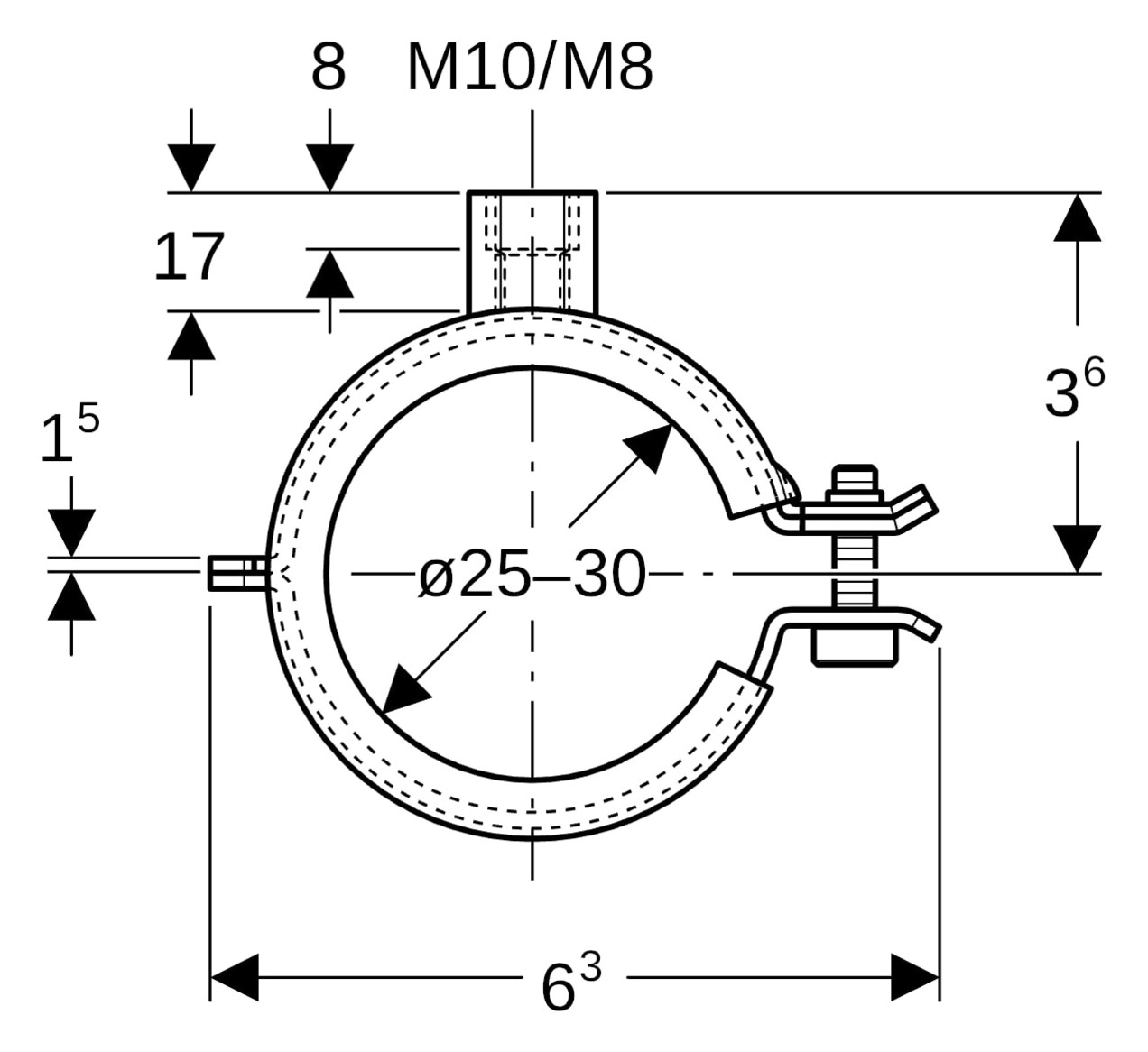 Geberit Rohrschelle FlowFit 25-30 mm, Breite 6,3 cm, Länge 36 mm, mit Gewindemuffe M8/M10