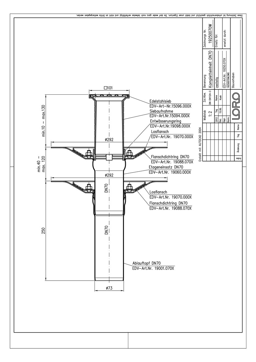 LORO Versal Komplett-Balkonablauf Serie K DN 70, Auslauf senkrecht, Klemmflansch, ohne Wärmedämmung, zweiteilig, Edelstahl