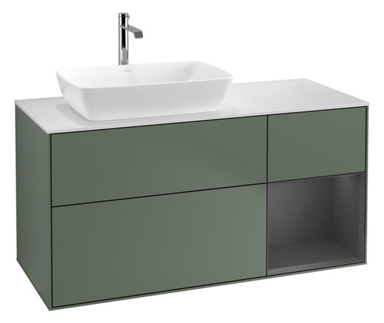 V&B Waschtisch-Unterschrank Finion 120cm, Abdeckplatte white matt, Regal Anthracite matt lacquer, Olive Matt Lacquer