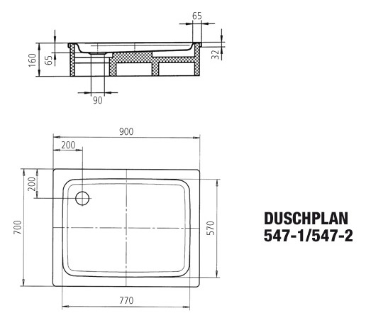 Kaldewei Duschwanne DUSCHPLAN 547-1 70x90x6,5cm, Antislip Perl-Effekt, schwarz