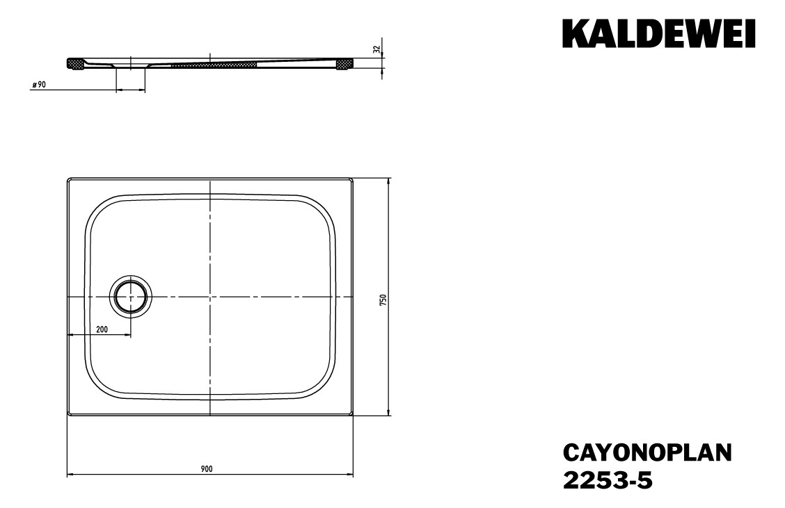 Kaldewei Duschwanne CAYONOPLAN 2253-5 75x90x1,8cm, mit Träger, ohne Effekt/Antislip, schwarz