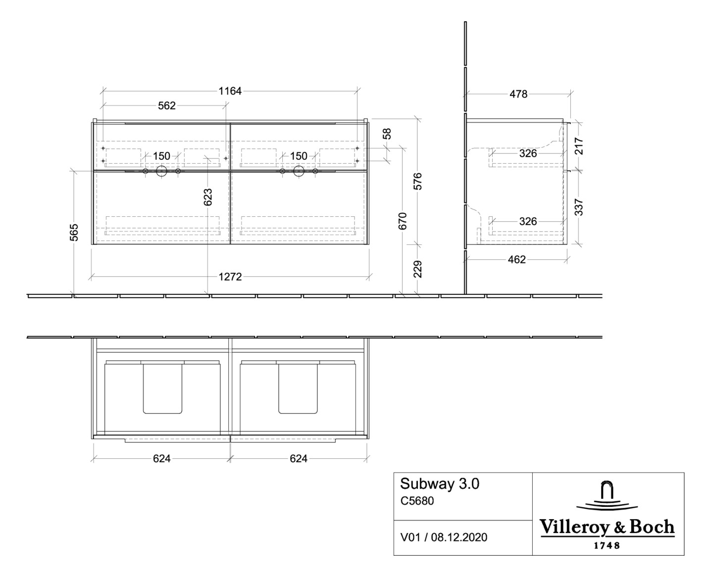 V&B Waschtisch-Unterschrank Subway 3.0 127,2x56,6x47,8cm, ohne LED/Griff Aluminium glänzend, kansas oak