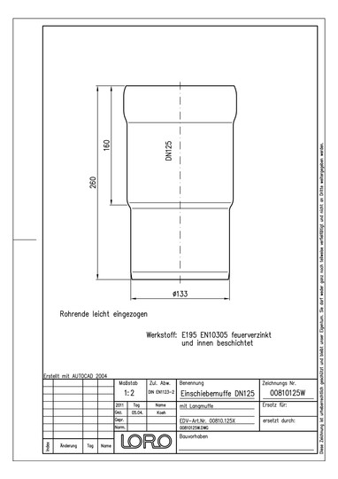 LORO X Einschiebmuffe DN 125, mit Langmuffe