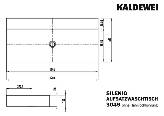 Kaldewei Aufsatz-Waschtisch SILENIO 3049, 120 x 46 x 12 cm, cool grey 70, Überlauf, ohne Hahnloch