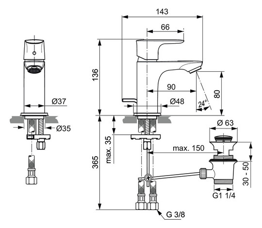 Ideal-Standard Waschtisch-Einhebelmischer Connect Air Piccolo 5 l/min, Ausladung 90mm, mit Ablaufgarnitur, verchromt